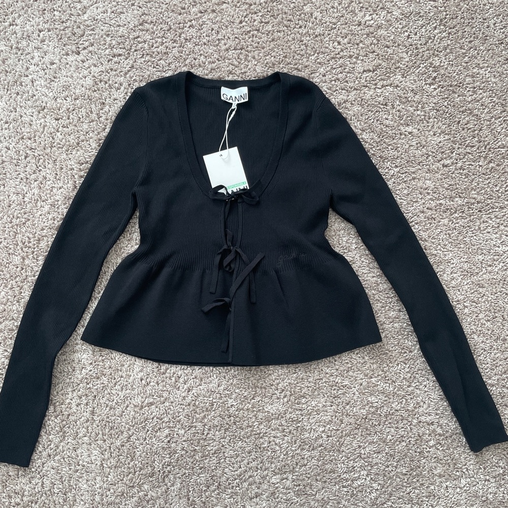 Ganni Charcoal Ribbed Knit Top